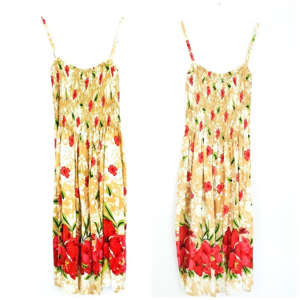 J&J Fashion Hawaii Floral Midi Dress Hibiscus OS One Size Adjustable Straps